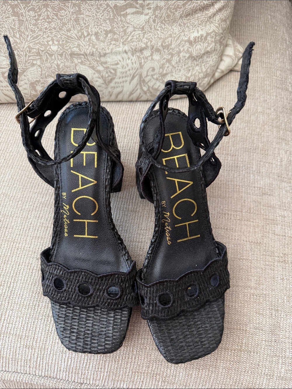 BEACH Black Woven Ankle-Strap Heels